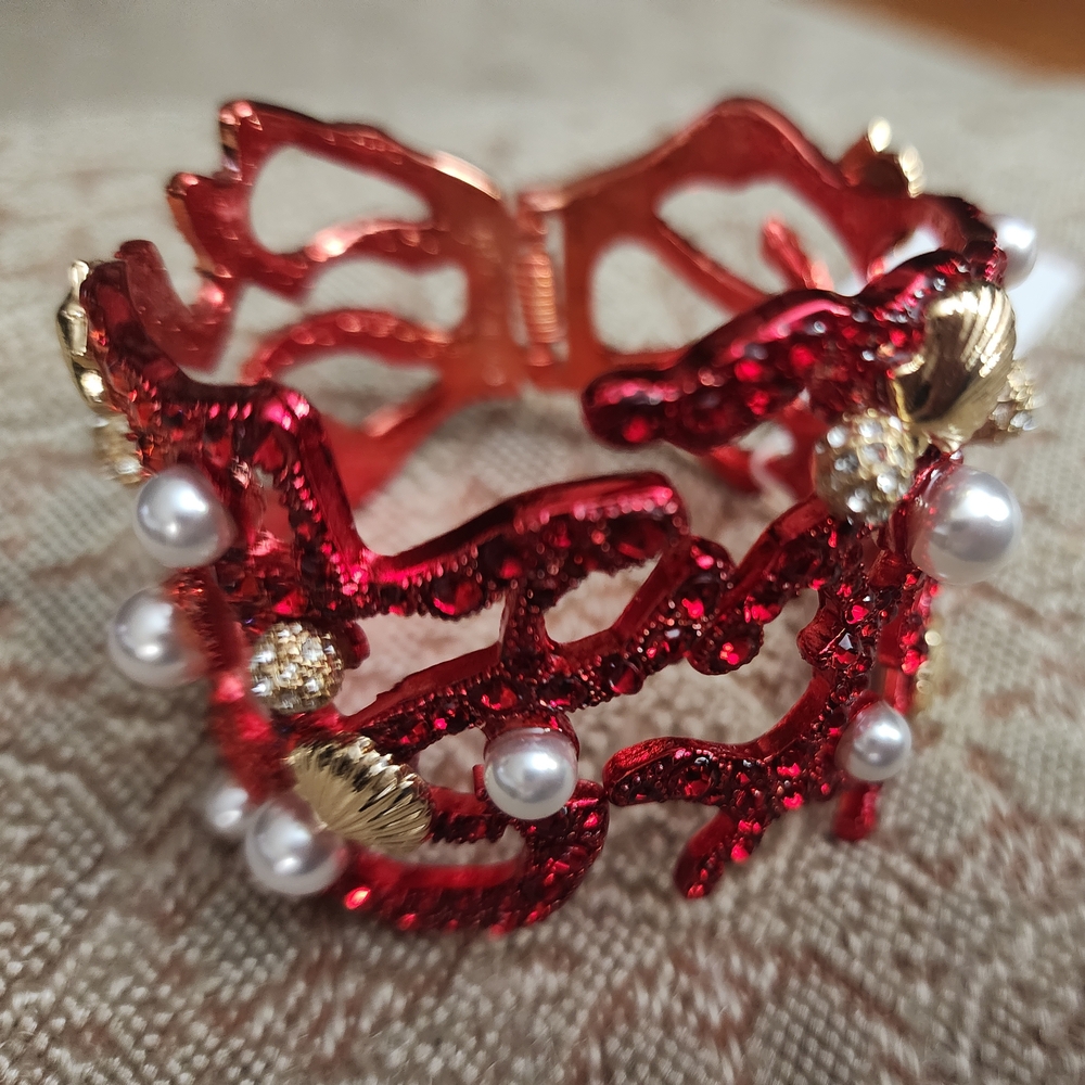 Betsey Johnson Coral Bracelet Elegant Red and Gold Bracelet with Pearls